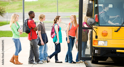 School Bus: Line of Students Boarding Bus
