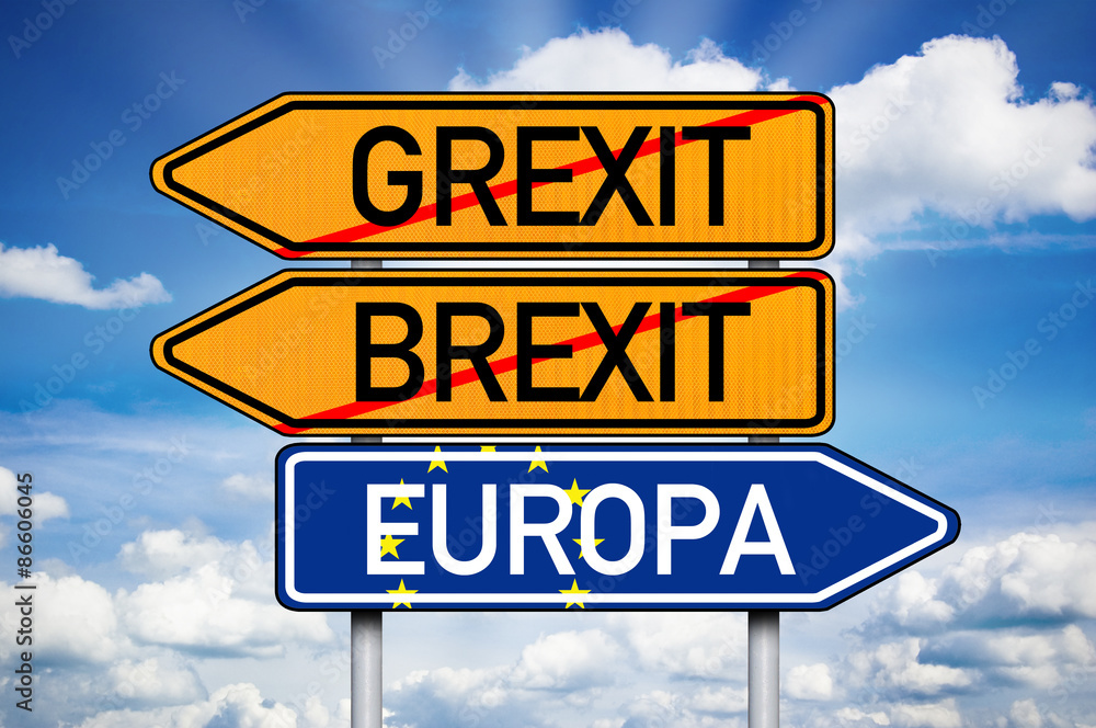 Fototapeta premium Schild mit Wegweiser Grexit, Brexit, Europa