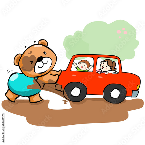 cute bear help car stuck on mud vector illustration