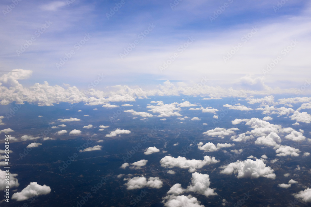 view from the window when airplane flying in the cloud