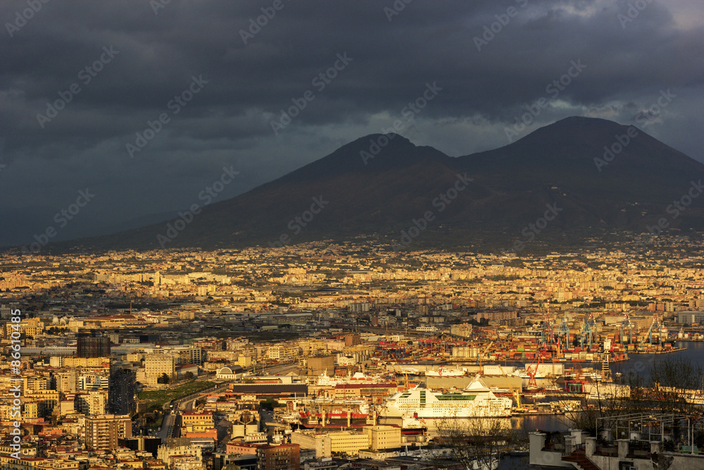 Port of Naples with Mount Vesuvius in the background