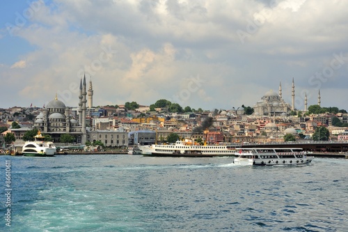 Cruise ferries in Eminonu Port near Yeni Cami and Galata Bridge 