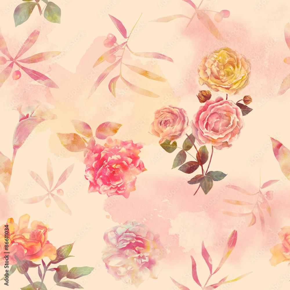 A seamless background pattern with tender toned roses and leaves