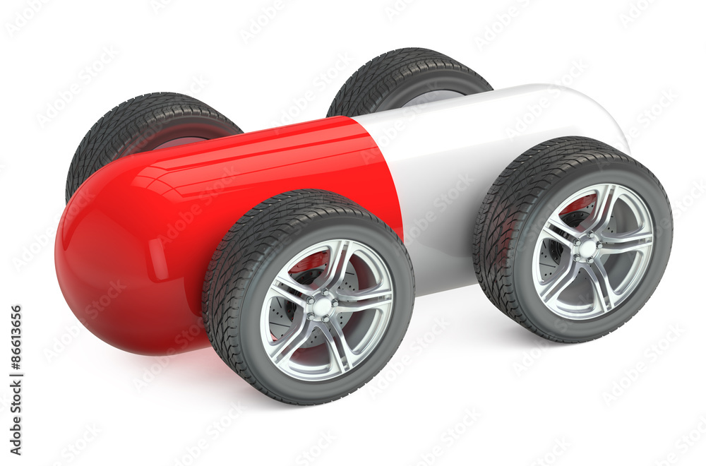Red Pill on Wheels isolated on white background