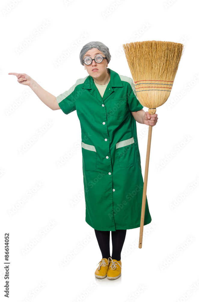 Woman with sweeping brush isolated on white Woman with sweeping brush isolated on white