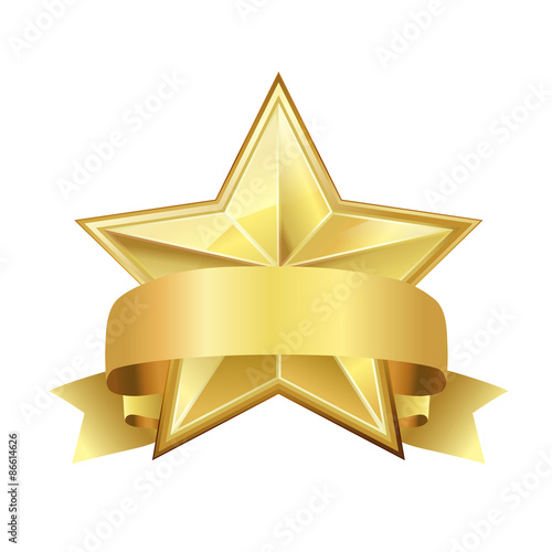 golden star with ribbon on white