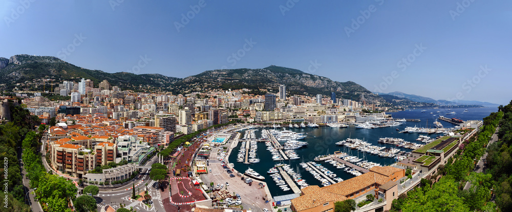 Monaco panoramic bird-fly view, business and tourism concept