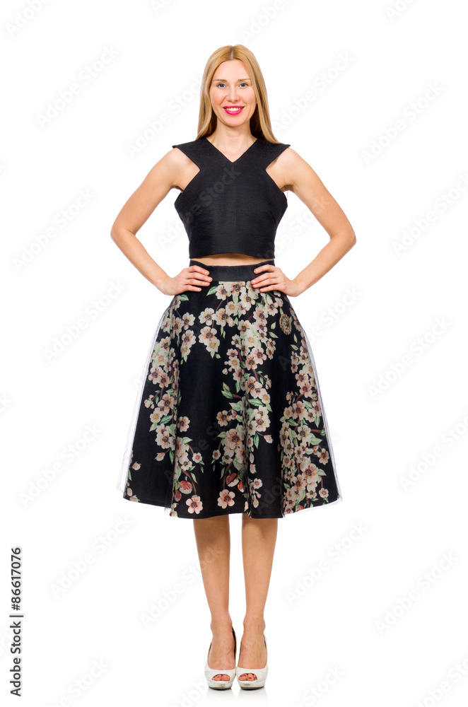 Woman in floral dark skirt isolated on white Woman in floral dark skirt isolated on white