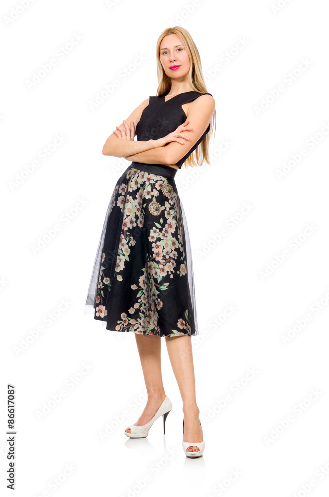 Woman in floral dark skirt isolated on white