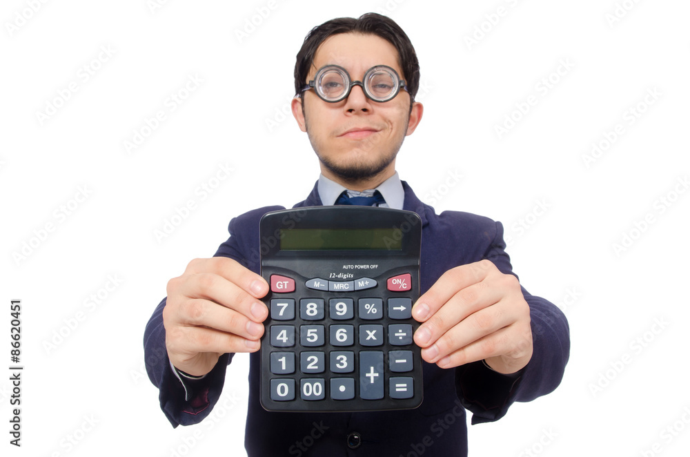 Funny man with calculator isolated on white Funny man with calculator isolated on white
