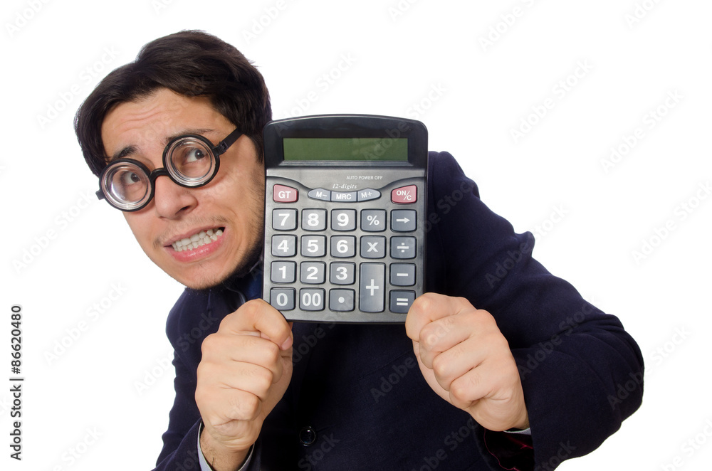 Funny man with calculator isolated on white Funny man with calculator isolated on white