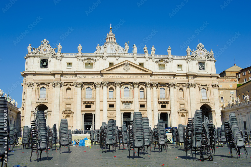 St Peter cathedral with many empty chair in Rome, Italy, Vatican City