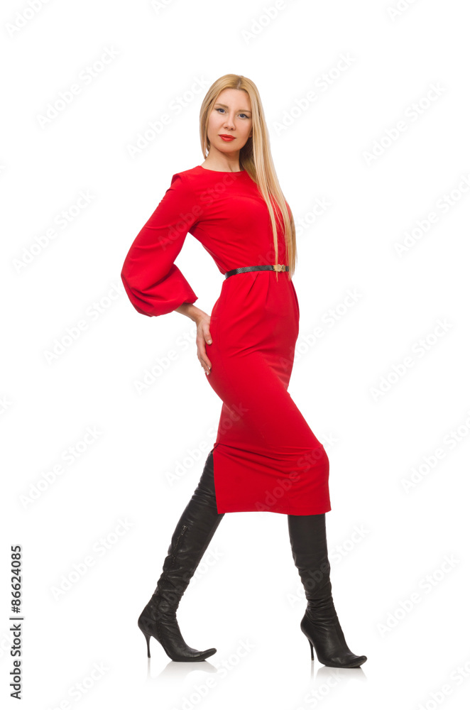Beautiful woman in red long dress isolated on white Beautiful woman in red long dress isolated on white