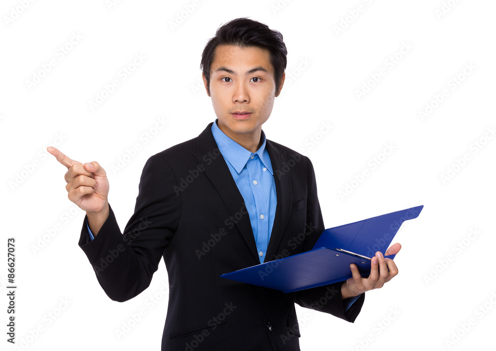 Businessman hold with clipboard and finger point up Businessman hold with clipboard and finger point up