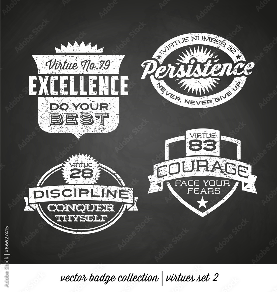 Fototapeta premium badge label collection with virtues- positive character traits on retro style crests