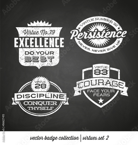 badge label collection with virtues- positive character traits on retro style crests