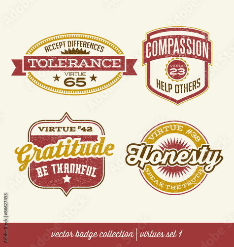 badge label collection with virtues- positive character traits on retro style crests