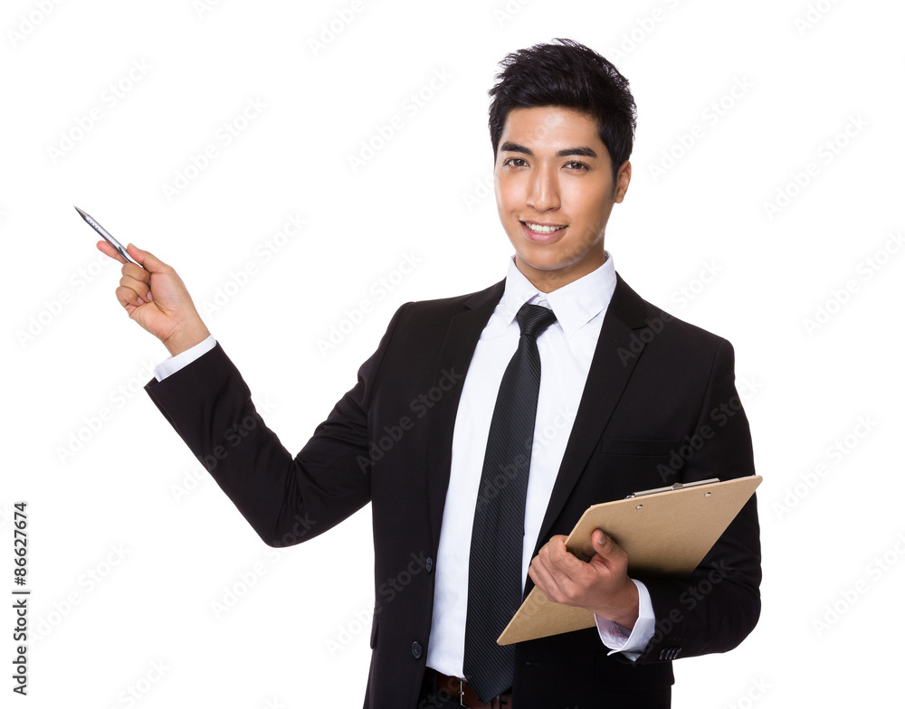Businessman holding with clipboard and pen point up Businessman holding with clipboard and pen point up