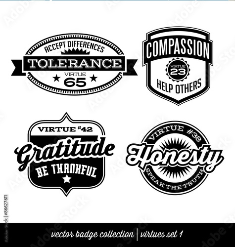 badge label collection with virtues- positive character traits on retro style crests