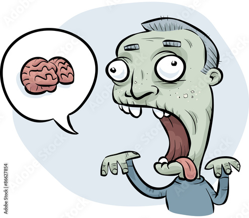 A hungry cartoon male zombie man with a withered face and a cartoon speech bubble asking for brains to eat.