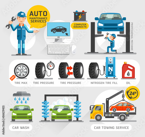 Auto Maintenance Services icons. Vector illustration.