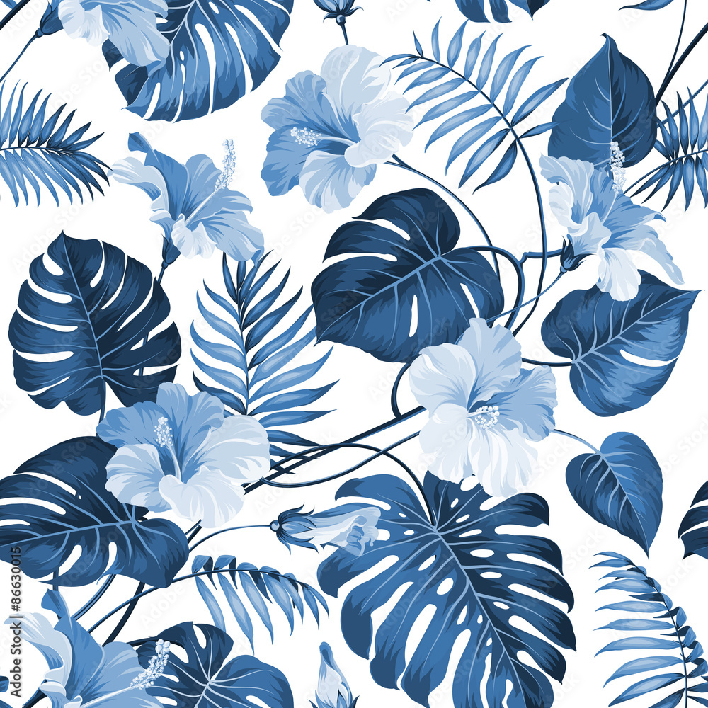 Fototapeta Niebieskie liście palmowe i tropikalne kwiaty