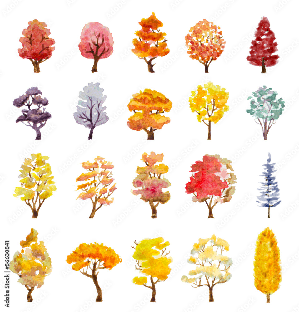 set of autumn trees. hand drawn watercolor vector illustration Stock ...