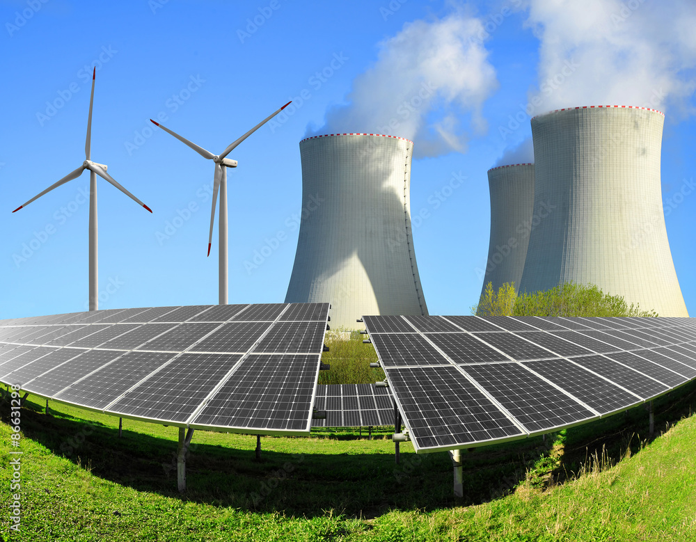 Solar energy panels, wind turbines and nuclear power plant Stock Photo ...