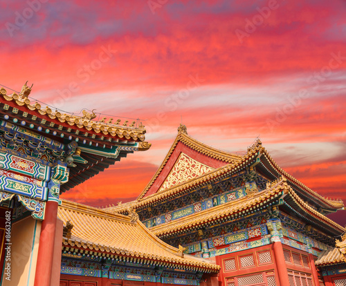 Forbidden City in the sunset， in Beijing China