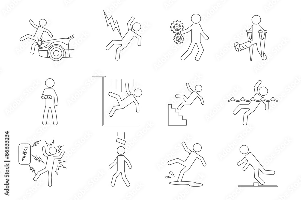 Vector people line icons in a variety of common accidents
