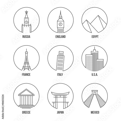 World landmark line art icons set