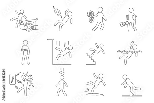 Vector people line icons in a variety of common accidents
