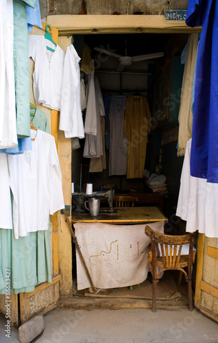 Egypt, Aswan, a tailor's laboratory in the main traditional market in the tow...