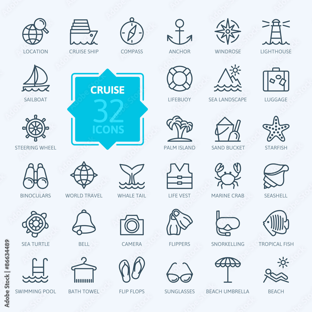 Fototapeta premium Outline web icon set - journey, vacation, cruise