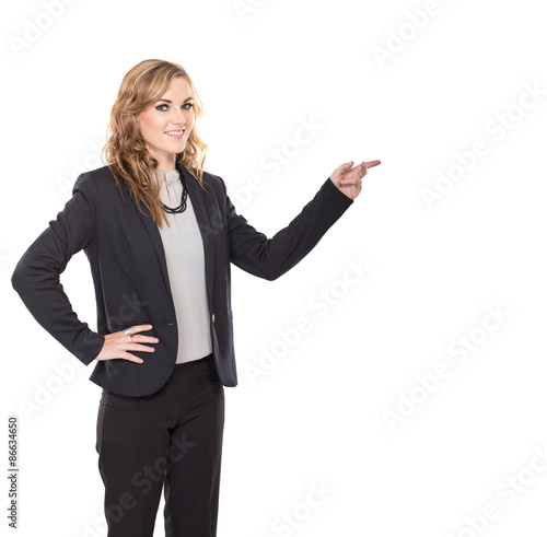 Young businesswoman pointing on copyspace, isolated on white bac