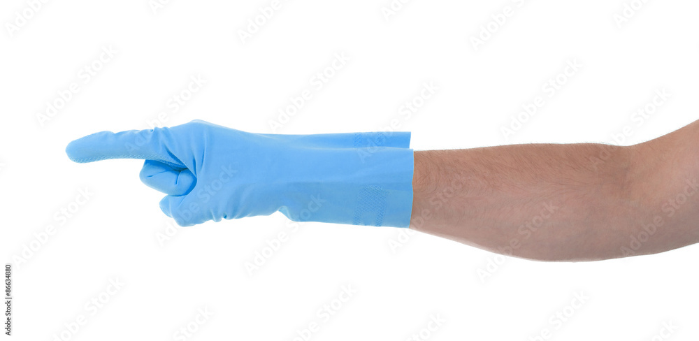 Hand in an cleaning glove making a directional sign