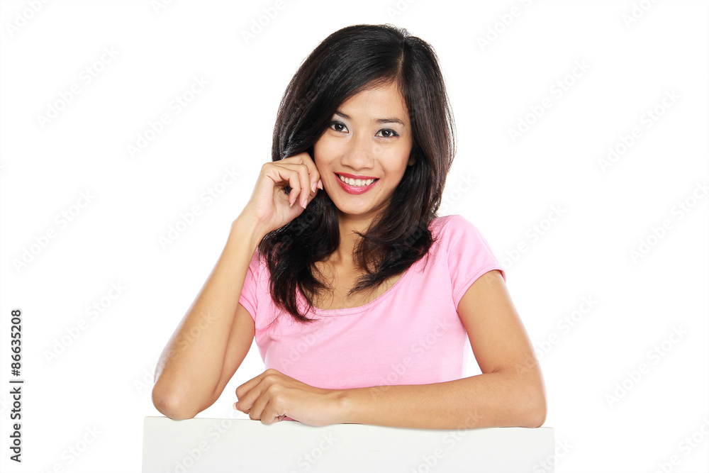 woman smile brightly holding white blank board woman smile brightly holding white blank board
