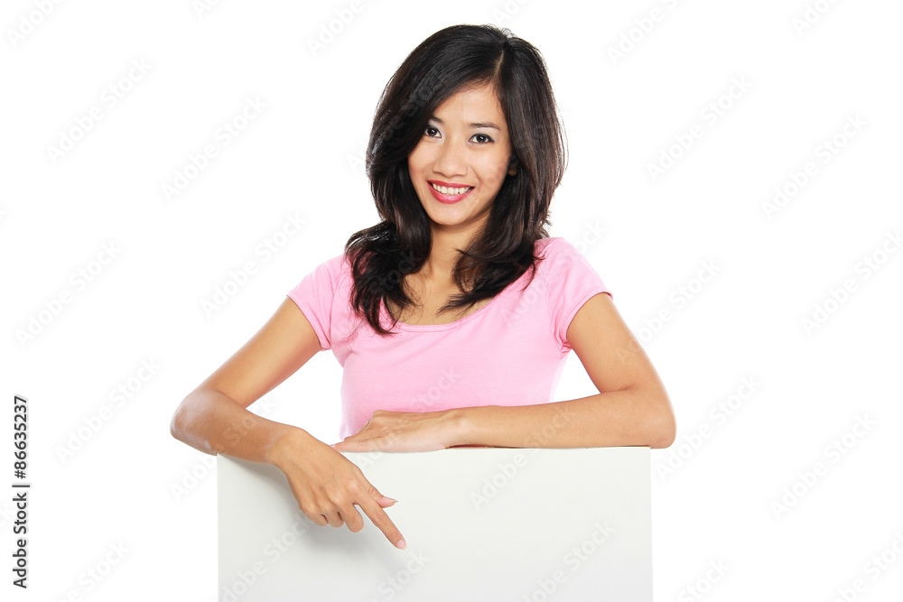 woman smile brightly holding white blank board woman smile brightly holding white blank board