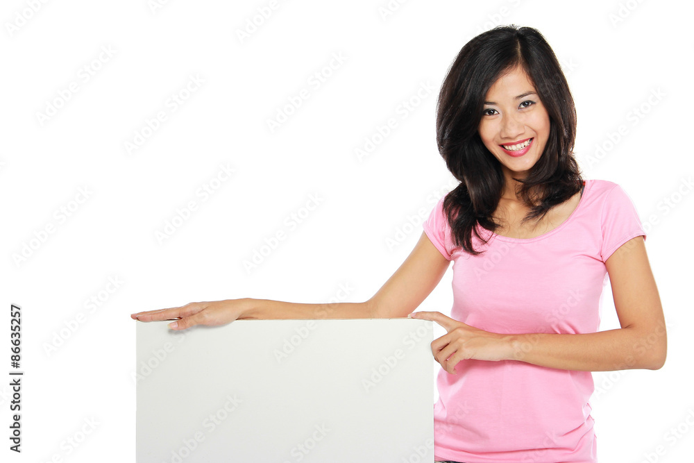 woman smile brightly holding white blank board woman smile brightly holding white blank board