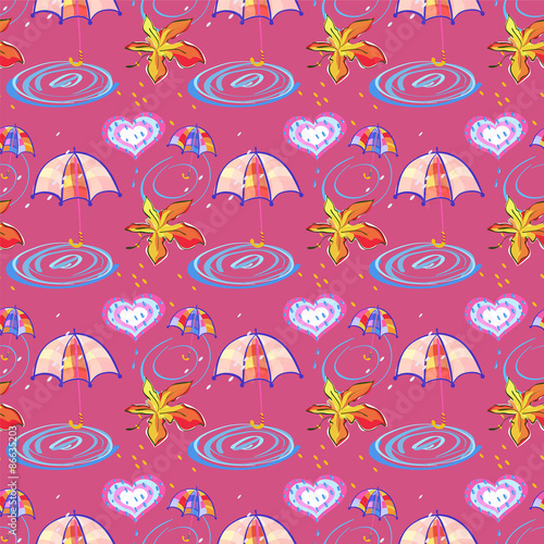 Autumn Maple leaf, Umbrella, Hearts and Rain Drops on pink background. Vector Seamless Pattern for wrapping paper, textiles or design websites
