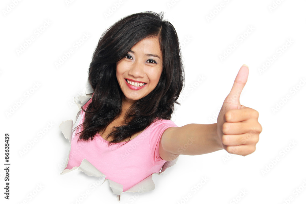 Young asian woman looking through paper rip on white background, Young asian woman looking through paper rip on white background,
