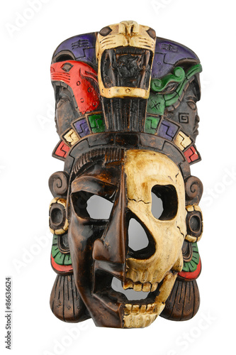 Mexican Mayan Aztec ceramic painted mask isolated on white