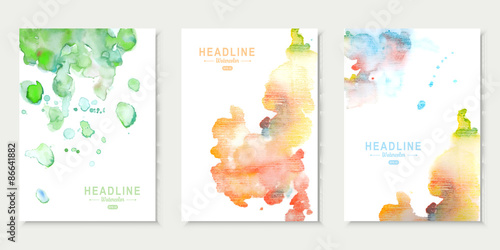 Set of cards with watercolor splashes. Abstract aquarelle