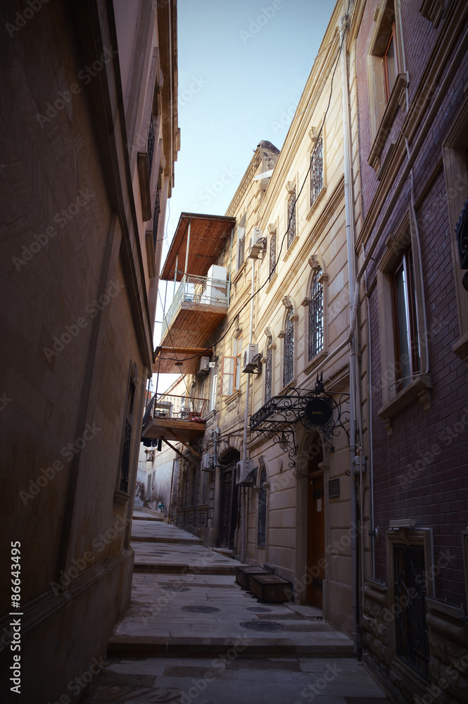 Vertical view of narrow street in the old town of the Baku, Azerbaijan