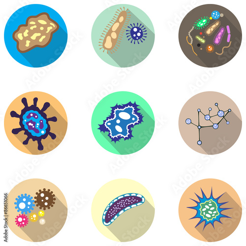 Bacteria, microorganism and virus cells icons set. Vector
