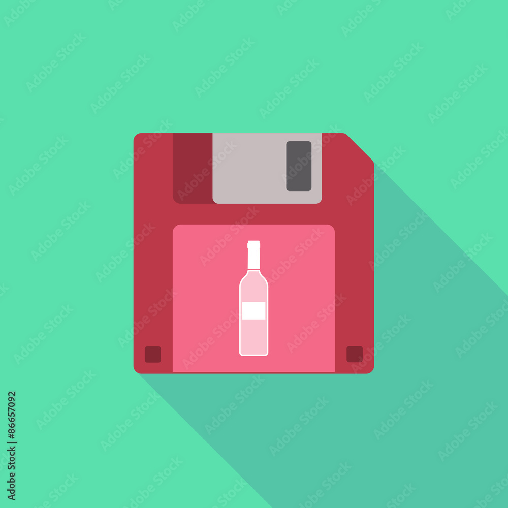 Long shadow floppy icon with a bottle of wine Long shadow floppy icon with a bottle of wine