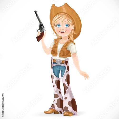 Cute girl dressed in a cowboy suit with a gun isolated on a whit