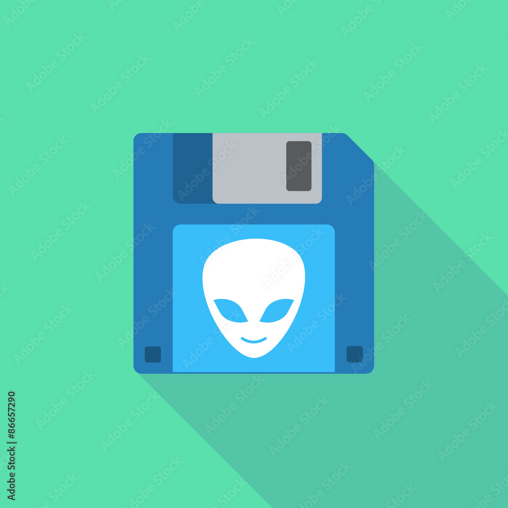 Long shadow floppy icon with an alien face Long shadow floppy icon with an alien face