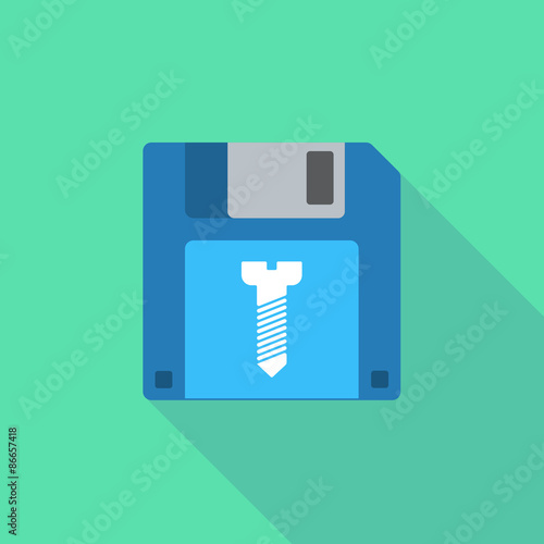 Long shadow floppy icon with a screw