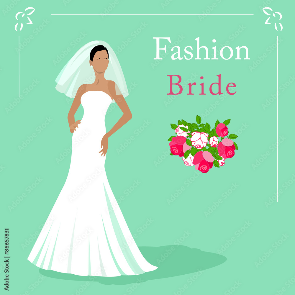 Vector Illustration of a fashion beautiful bride in white wedding dress with a bouquet. EPS 10 Vector Illustration of a fashion beautiful bride in white wedding dress with a bouquet. EPS 10